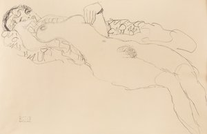 躺着的女性裸体，朝左，1917年。 作者 古斯塔夫·克里姆特
