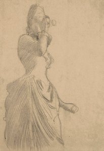 拿着望远镜的女人，约 1888 年（黑色粉笔，着色平纹纸） 作者 古斯塔夫·克里姆特