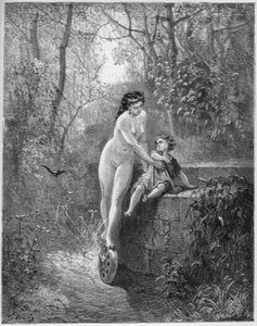 La Fortune et le jeune Enfant--财富女神从井里救出了小孩子--出自Jean de La Fontaine (Lafontaine) (1621-95)的《寓言》--根据Gustave Dore (1832-83)的作品雕刻--私人收藏 作者 古斯塔夫（之后）多尔