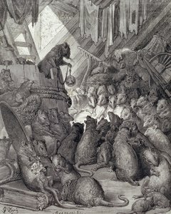 老鼠召开的会议，选自《拉封丹的寓言》，由安托万-瓦莱丽-贝特朗（生于1823年）雕刻，约1868年（雕刻版）。 作者 古斯塔夫（之后）多尔