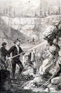 19世纪60年代加利福尼亚的淘金活动，由费利克斯-让-高沙尔（1825-72）雕刻（雕刻）。 作者 Gustave Adolphe (after) Chassevent Bacques