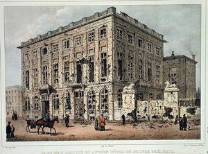 布鲁塞尔的阿米蒂咖啡馆和老弗雷德里克王子酒店，1830年9月23日至26日的战斗之后，由让-巴蒂斯特-马杜（1796-1877）雕刻（彩色版画）。 作者 古斯塔夫·阿道夫（后）西蒙诺