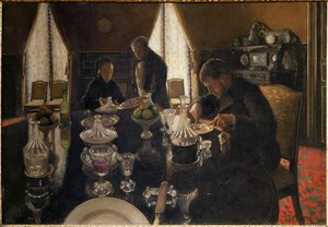 晚餐--在凯勒博特家族的故居米罗梅斯尼尔街享用晚餐（布面油画） 作者 古斯塔夫·卡耶博特