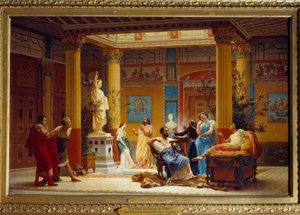 1860 年，拿破仑王子在巴黎庞贝宫中庭重复“长笛演奏者……”和“La Femme de Diomede”。 Gustave Boulanger 绘画（1824-1888）