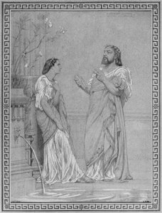 Theophile Gautier和Maria Favart，在巴黎蒙田大道18号拿破仑王子的庞贝家中庭画作“流氓”和“迪奥梅德斯的妻子”排练画作