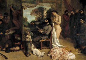 画家工作室。 Allegorie Reelle 决定了我艺术生活（和道德）的七年阶段 描绘画家的细节围绕着她的两个灵感来源，一个象征着天真的孩子和一个裸体女人。 古斯塔夫·库尔贝 (Gustave Courbet) 的绘画 (1819-