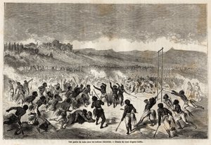 密西西比地区部落乔克托人之间的球赛，由古斯塔夫-多尔（1832-1883）绘制，用于说明1853-54年鲍杜安-莫尔豪森（1825-1905）的密西西比州航行。在 "世界之旅，新纪元 "中的版画。 作者 古斯塔夫·多尔（Gustave Dore）