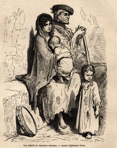 一群游牧舞者在塞维利亚街头休息。 Gustave Dore (1832-1883) 在现场拍摄的草图。 1862 年 Charles Davillier 和 Gustave Dore 为说明西班牙航行的雕刻，在“Le tour du monde, nouveau journal des voyag 作者 古斯塔夫·多尔（Gustave Dore）