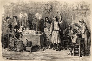 葬礼舞蹈，在太平间日在 Jijonas（阿利坎特省）。 Gustave Dore (1832-1883) 在现场拍摄的草图。 1862 年查尔斯·达维利埃和古斯塔夫·多尔在“Le tour du monde, nouveau jour 作者 古斯塔夫·多尔（Gustave Dore）