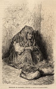 一位花生商人在马德里太阳门广场的现场素描。 Gustave Dore (1832-1883) 的版画以说明他的西班牙之行，与 Ch. Davillier（编辑），1862 年，发表在“Le tour du monde””“1869 年，Edouard Charton 编辑，Hachet 作者 古斯塔夫·多尔（Gustave Dore）