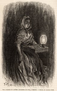 A saleswoman of wax matches, sketch on live in the puerta del sol, in Madrid. Engraving by Gustave Dore (1832-1883) to illustrate his trip to Spain, with Ch. Davillier (editor), in 1862, published in “” Le tour du monde””” 1869, edited by Edouard Charton,  作者 古斯塔夫·多尔（Gustave Dore）