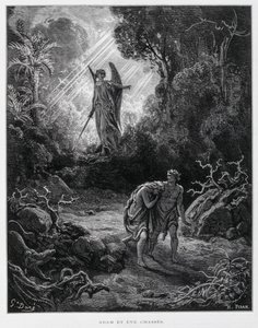 亚当和夏娃被天使逐出伊甸园，《多尔圣经》插图 作者 古斯塔夫·多尔（Gustave Dore）