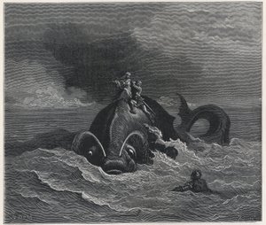 "阿尔希娜（Alcina）和雷诺（Renaud）在鲸鱼背上背着阿斯托尔弗（Astholfo）（《奥兰多-狂怒记》），卢多维科-阿里奥斯托（1474-1533 年）19 世纪作品（雕刻） 作者 古斯塔夫·多尔（Gustave Dore）