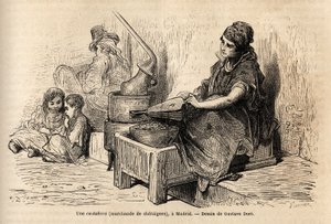 An open-air chestnut merchant, with her portable oven, sketch on the vivid in the puerta del sol, in Madrid. Engraving by Gustave Dore (1832-1883) to illustrate his trip to Spain, with Ch. Davillier (editor), in 1862, published in “” Le tour du monde””” 18 作者 古斯塔夫·多尔（Gustave Dore）