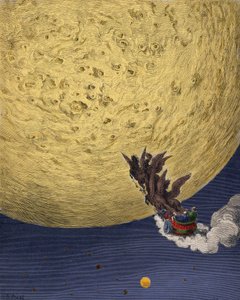 阿斯托夫 (Astolfo) 在埃利亚斯的战车上因罗兰的原因登上月球，古斯塔夫·多尔 (1832-1883) 为卢多维科·阿里奥斯托 (Ludovico Ariosto) 创作的《狂怒的罗兰 (Orlando Furioso)》 (Orlando Furioso) 作插图。 19世纪 作者 古斯塔夫·多尔（Gustave Dore）
