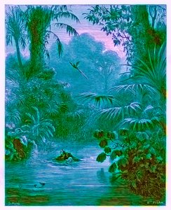 Atala和Chactas穿越河流，来自&39;The Dore Gallery&39;的插图，由Heliodore Joseph Pisan（1822-90）雕刻，出版于1890年（数字增强图像） 作者 古斯塔夫·多尔（Gustave Dore）