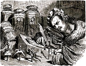 巴尔扎克（Honore de Balzac，1799-1850 年）的漫画，古斯塔夫-多尔（Gustave Dore，1832-1883 年）为 1855 年出版的 Tales Drolatiques 画的：作家被画成一个像昆虫一样研究人类的迷信家，他的橱柜里摆满了迷信和解剖草稿以及装着昆虫的罐子。 作者 古斯塔夫·多尔（Gustave Dore）