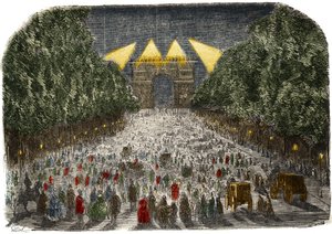 10月26日和27日，人群欣赏巴黎凯旋门和香榭丽舍大街（Champs-Elysees）的电灯。 作者 古斯塔夫·多尔（Gustave Dore）