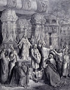 Cyrus II the Great (580 BC - 530 BC) freed the captive peoples upon his arrival in Babylon in 539 BC and returned to the Jewish people the sacred vessels that had been taken as spoils in the temple of Jerusalem. Engraving by Gustave Doré. 作者 古斯塔夫·多尔（Gustave Dore）