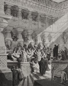 但以理书5：25-28解释了写在墙上的书，多尔的“圣经”中的插图，由Ligny刻，1866年 作者 古斯塔夫·多尔（Gustave Dore）