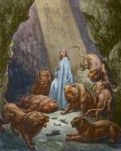 Daniel est jete dans la fonds aux lions - Daniel in the Den of Lions - 古斯塔夫-多尔的雕刻作品 - 后期着色 作者 古斯塔夫·多尔（Gustave Dore）