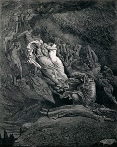 但丁和维吉尔与保罗和弗朗西斯卡，但丁-阿利吉耶里（1265-1321）的《神曲》第五节《地狱》的插图，古斯塔夫-多尔（1832-1883）的作品。 作者 古斯塔夫·多尔（Gustave Dore）