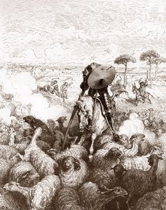 堂吉诃德袭击羊群 古斯塔夫-多尔（1832-1883 年）为米格尔-德-塞万提斯（1547-1616 年）的《曼恰的工程师伊达尔戈-堂吉诃德》（《堂吉诃德-吉诃德》）绘制的版画 1863 年 私人收藏 作者 古斯塔夫·多尔（Gustave Dore）