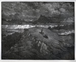 堂吉诃德和桑丘-潘沙在莫雷纳山脉继续冒险--出自米格尔-塞万提斯（1547-1616）的《拉曼恰的堂吉诃德》（《堂吉诃德》）--根据古斯塔夫-多雷的画作绘制的木刻作品 作者 古斯塔夫·多尔（Gustave Dore）