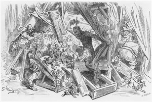 唐吉诃德与木偶战斗，由Miguel Cervantes（1547-1616）的&39;Don Quixote de la Mancha&39;插图由Heliodore Joseph Pisan（1822-90）刻 作者 古斯塔夫·多尔（Gustave Dore）
