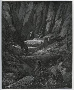 多萝西和理发师来接唐吉诃德，然后忏悔--出自米格尔-塞万提斯（1547-1616）的《拉曼恰的唐吉诃德》（《唐吉诃德》）--根据古斯塔夫-多雷的画作绘制的木刻。 作者 古斯塔夫·多尔（Gustave Dore）