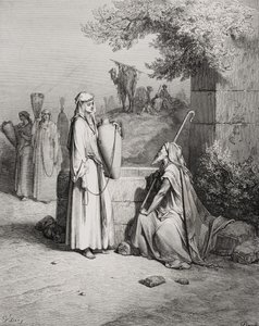 Eliezer和Rebekah，创世纪24：15-21，来自多尔的“圣经”的插图，由Piaud刻，1866年 作者 古斯塔夫·多尔（Gustave Dore）