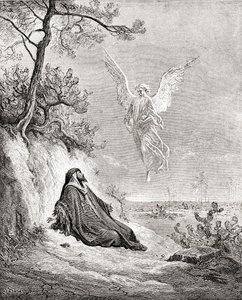 天使滋养下的以利亚。取材于古斯塔夫-多尔的《圣经》作品。选自《古斯塔夫-多尔的生平与回忆》，1885 年出版。 作者 古斯塔夫·多尔（Gustave Dore）