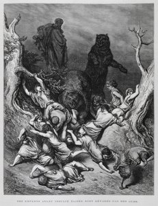 以利沙看着孩子们被熊消灭，插图选自《多尔圣经 作者 古斯塔夫·多尔（Gustave Dore）
