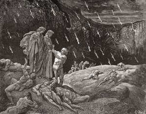 古斯塔夫-多尔（Gustave Dore）1832-1883 年为但丁-阿利吉耶里（Dante Alighieri）的《地狱篇》第 XV 章第 28 行和第 29 行绘制的版画。 作者 古斯塔夫·多尔（Gustave Dore）
