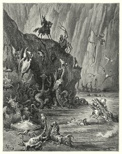 古斯塔夫·多尔 (Gustave Dore) 的《堂吉诃德》：“一个巨大的沸腾的沥青湖，其中无数凶猛可怕的生物来回穿梭”（版画） 作者 古斯塔夫·多尔（Gustave Dore）