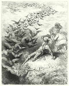 Gustave Dores Don Quixote: "An infinite number of overgrown crows and daws came rushing and fluttering out of the cave" (engraving) 作者 古斯塔夫·多尔（Gustave Dore）