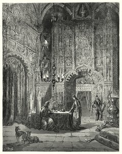 Gustave Dores Don Quixote: "Another damsel comes into the room, and begins to inform him what castle that is, and how she is enchanted in it" (engraving) 作者 古斯塔夫·多尔（Gustave Dore）