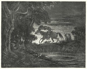 古斯塔夫·多尔 (Gustave Dore) 的《唐吉诃德》：“唐吉诃德伴随着他勇敢的心，扑向罗齐南特”（版画） 作者 古斯塔夫·多尔（Gustave Dore）