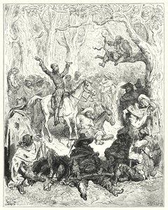 古斯塔夫·多尔 (Gustave Dore) 的《堂吉诃德》：“堂吉诃德骑在罗齐南特 (Rozinante) 上，大声疾呼反对他们的生活方式”（版画） 作者 古斯塔夫·多尔（Gustave Dore）