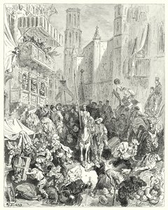 Gustave Dores Don Quixote: "Enclosing him in the middle of their brigade, they conducted him towards the city" (engraving) 作者 古斯塔夫·多尔（Gustave Dore）