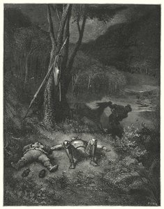 古斯塔夫·多尔 (Gustave Dore) 的唐吉诃德 (Don Quixote)：“对感恩和人性都陌生的吉内斯 (Gines) 决心骑走桑乔的屁股”（版画） 作者 古斯塔夫·多尔（Gustave Dore）