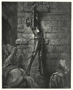 古斯塔夫·多尔 (Gustave Dore) 的《唐吉诃德》(Don Quixote)：“他的手腕没有牢牢系在绳子上，不可避免地倒在地上”（雕刻） 作者 古斯塔夫·多尔（Gustave Dore）