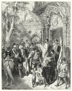 古斯塔夫·多尔 (Gustave Dore) 的《唐吉诃德》：“他在离别时亲吻了公爵和公爵夫人的手，并收到了主人的祝福”（版画） 作者 古斯塔夫·多尔（Gustave Dore）
