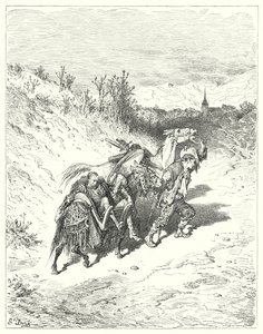古斯塔夫·多尔 (Gustave Dore) 的唐吉诃德 (Don Quixote)：“他带领他们所有人向村子走去，自己艰难地走了一英尺，非常沉思”（版画） 作者 古斯塔夫·多尔（Gustave Dore）