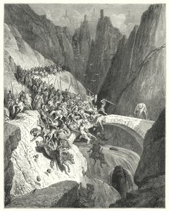 古斯塔夫·多尔 (Gustave Dore) 的《唐吉诃德》：“唐·迭戈·加西亚 (Don Diego Garcia) 如何用他的独力保卫一座桥梁，抵御一支强大的军队”（版画） 作者 古斯塔夫·多尔（Gustave Dore）
