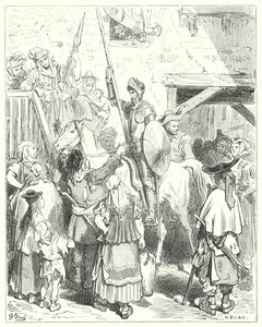 古斯塔夫·多尔（Gustave Dore）的《堂吉诃德》：“这一切与我无关，”客栈老板喊道。 “付你的账”（雕刻） 作者 古斯塔夫·多尔（Gustave Dore）