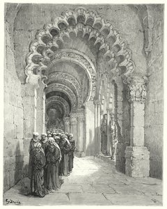 古斯塔夫·多尔 (Gustave Dore) 的唐吉诃德 (Don Quixote)：“我看到最美丽的少女们的悲痛游行，全都身着黑色”（版画） 作者 古斯塔夫·多尔（Gustave Dore）