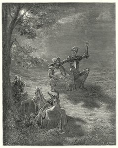 古斯塔夫-多雷斯-堂吉诃德："在这样的讨论中，他们度过了大半夜"（版画）。 作者 古斯塔夫·多尔（Gustave Dore）