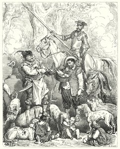 古斯塔夫·多尔 (Gustave Dore) 的《唐吉诃德》(Don Quixote)：“转移到肚子里，直到晚餐准备好为止”（雕刻） 作者 古斯塔夫·多尔（Gustave Dore）