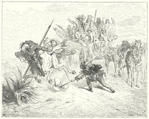 古斯塔夫·多尔 (Gustave Dore) 的《唐吉诃德》：“这出戏的傻瓜拿着他的莫里斯铃铛来了”（版画） 作者 古斯塔夫·多尔（Gustave Dore）